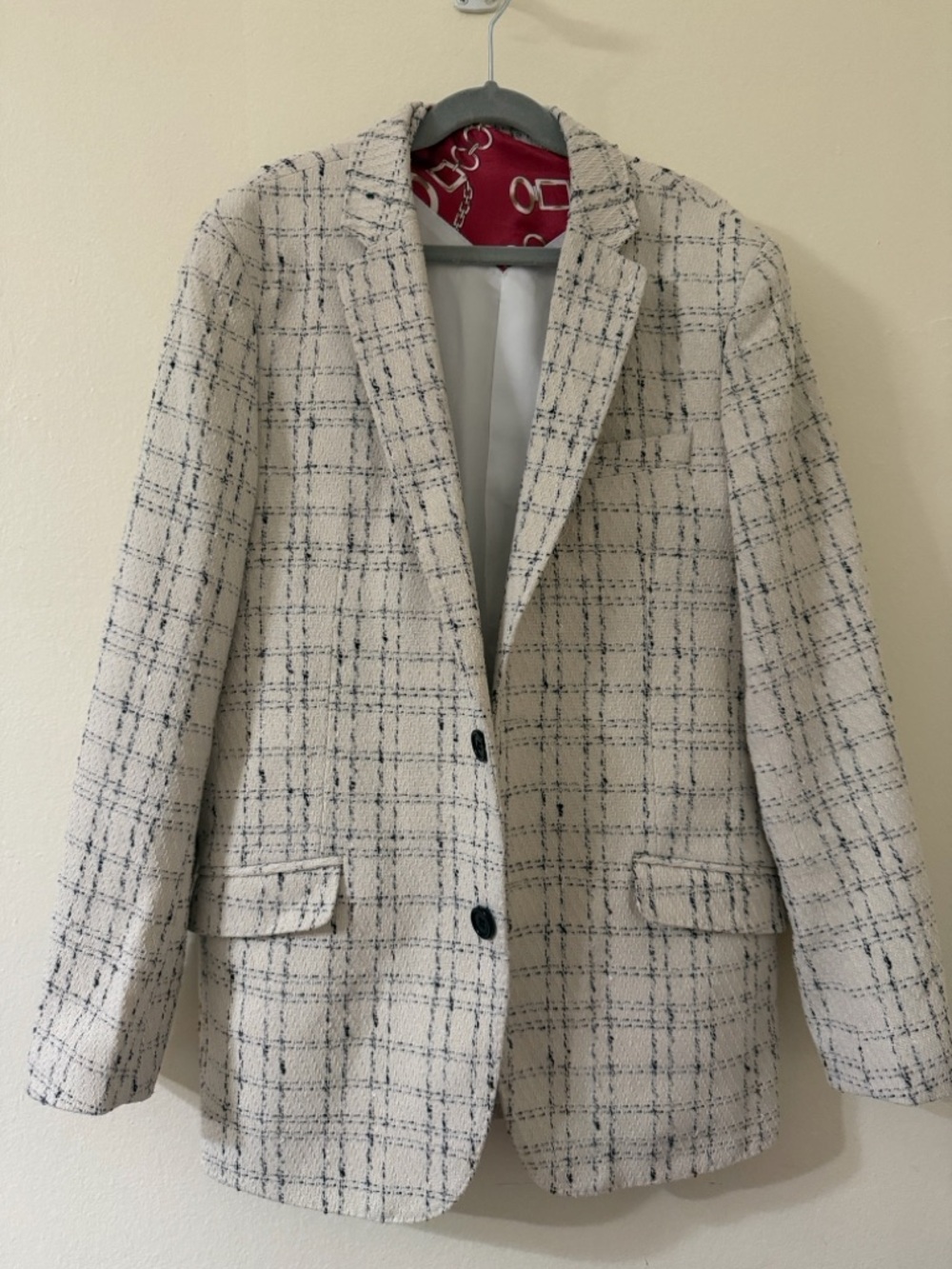 White Tweed Blazer with black Windowpane & Red Label Detail